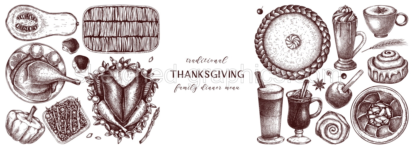Thanksgiving dinner banner. Fall food and drinks trendy frame design. Vintage turkey, vegetables, pies, and hot drinks sketches. Vector autumn food template. Thanksgiving background in engraved style Illustration